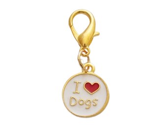 Charms de sac à fermeture éclair sur le thème des chiens - Pendentif double face en émail « I love (heart) Dogs » sur fermoir mousqueton