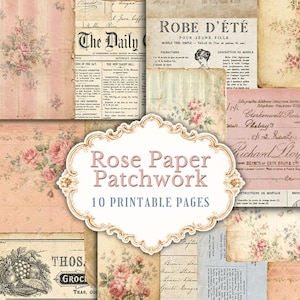 Può includere: Una raccolta di dieci pagine stampabili che presentano un patchwork di effimeri in stile vintage, tra cui illustrazioni floreali, scrittura a mano, ritagli di giornale e moduli contabili in tonalità crema, beige, rosa e blu tenue con testo.