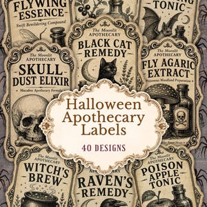 Può includere: Una collezione di etichette da speziale in stile vintage con bordi decorati e illustrazioni di teschi, corvi, gatti e pozioni. Il testo include titoli come Blackthorn Elixir, Bat Wing Tonic e Halloween Apothecary Labels 40 Designs.