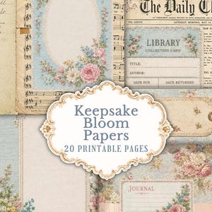 May include: A collection of 20 printable pages titled Keepsake Bloom Papers, featuring vintage-style floral illustrations, musical notation backgrounds, library collection cards, and journal labels in soft pastel shades of pink, blue, and cream.