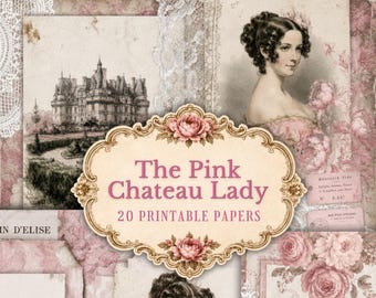 20 Pink Chateau Lady Printable Papers for Junk Journals, Shabby Chic Digital Paper Pack