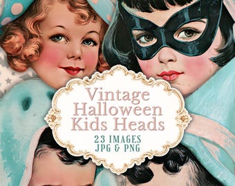 Vintage Halloween Kids Clipart, 23 Retro Costume Heads, PNG & JPG Digital Download