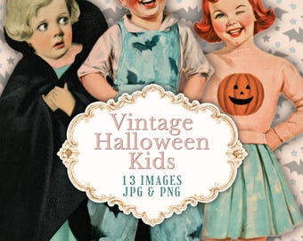 Vintage Halloween Kids Paper Dolls, 13 Retro Children PNG JPG, Commercial Use Clipart