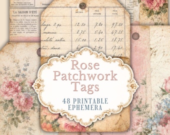 48 Printable Junk Journal Tags, Rose Patchwork Ephemera, Floral Scrapbook Tags, Digital Download