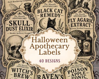 Halloween Apothecary Labels, 40 Vintage Potion Labels, Gothic Junk Journal Printable Ephemera