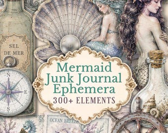 Mermaid Junk Journal Ephemera, 300+ Printable Fussy Cuts, 23 US Letter JPG Pages