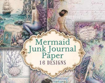 Mermaid Junk Journal Papers, 16 Vintage Ocean Printables, US Letter Digital Scrapbook Pages