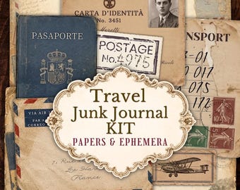 Vintage Travel Junk Journal Kit, Ephemera Papers (Digital Download)