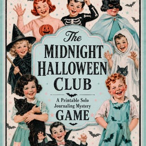 Pode incluir: Um cartaz de estilo vintage para The Midnight Halloween Club, um jogo de mistério e diário a solo para imprimir. O design apresenta ilustrações de crianças com vários disfarces de Halloween, incluindo uma bruxa, um esqueleto e um fantasma.