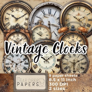 Relógio antigo, diário digital vintage, efêmera | imprimível | download | impressão | mostrador de relógio | álbum de recortes | colagem recortada e elaborada | mídia mista