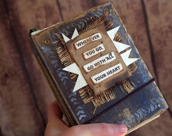 Travel Journal - navy blue notebook - scrapbook diary - men gift idea - pocket junk journal - Mini album coffee stained paper - midori