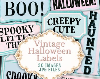 Vintage Halloween Labels, 30 Retro Printable Tags, Pink & Aqua JPG Ephemera Download