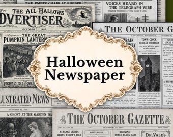 Vintage Halloween Newspaper, 14 Gothic Junk Journal Papers, Spooky Printable Pages
