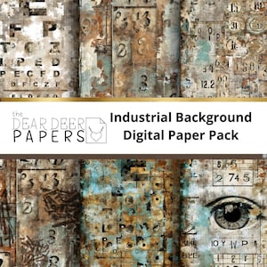 12 Industrial Numbers Papers, steampunk junk journal printables, digital grunge scrapbooking, mix media background, collage masculine kit