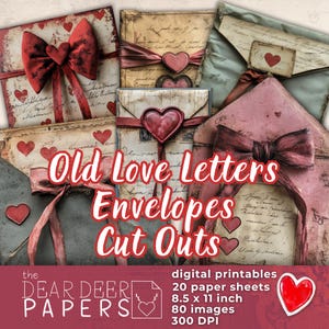 Sobres con cartas de amor antiguas, recortes digitales para diario basura, efímeras de San Valentín vintage para imprimir, descargar, imprimir y álbum de recortes