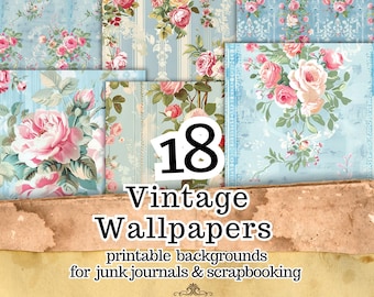 18 vintage blommiga tapetpapper, Shabby Chic Junk Journal-bakgrunder (digital nedladdning)