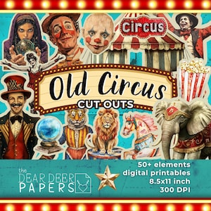 Découpes numériques Old Circus vintage Carnaval Junk Journal éphémères feuilles de collage imprimables, clipart de scrapbooking plus de 50 pièces pour travaux manuels