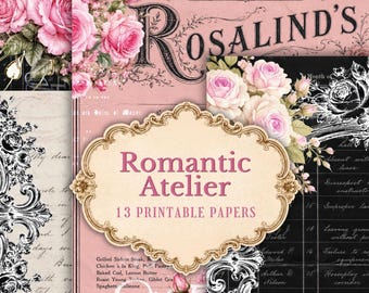 13 Pink and Black Vintage Rose Printable Papers for Junk Journals, Digital Kit