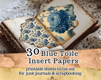 May include: A stack of aged paper sheets with blue floral designs and the text "30 Blue Toile Insert Papers". The papers are for junk journals and scrapbooking. The image has a vintage aesthetic.