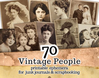 May include: A collection of vintage photographs featuring portraits of people from the past. The images are in sepia tones and include a variety of individuals, with the text "70 Vintage People" and "printable ephemera for junk journals & scrapbooking".