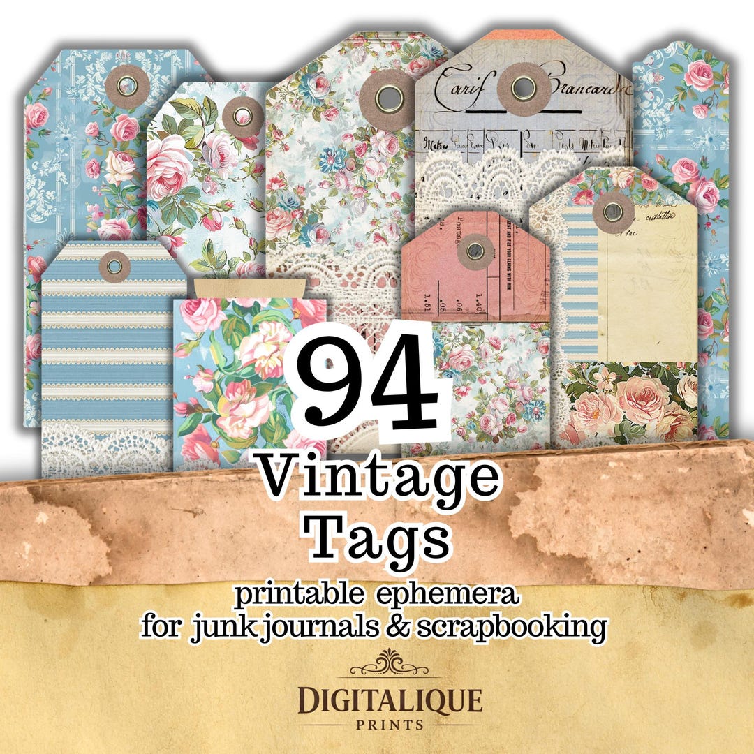 Vintage Junk Journal Tags Printable, Floral Ephemera Tags for Junk ...