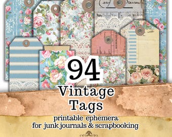 Vintage Junk Journal Tags zum Ausdrucken, florale Ephemera Tags für Junk Journals, Scrapbooking & Papierhandwerk, 94 druckbare Tags zum digitalen Download