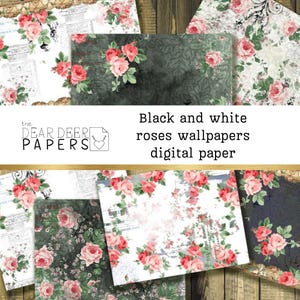 Papel tapiz vintage floral en blanco y negro con rosas, 10 páginas imprimibles para álbumes de recortes, estilo bohemio, folk y gitano