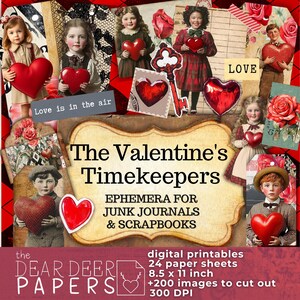Éphémères numériques de journal indésirable de Timekeepers de la Saint-Valentin | vintage add-ons imprimables poupée en papier enveloppes étiquettes cartes postales cadres billets mots