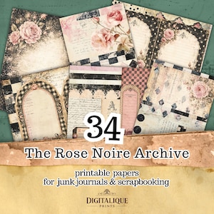 Op de afbeelding: Een collectie van 34 printbare papieren voor junk journals en scrapbooking genaamd The Rose Noire Archive. De vellen bevatten ontwerpen in vintage-stijl met roze rozen, zwart-witte ruitpatronen, handschrift en versierde kaders.