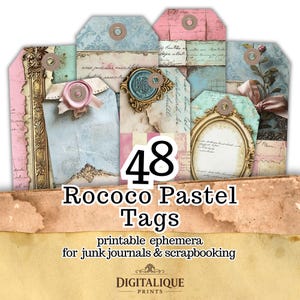 May include: A collection of 48 Rococo Pastel Tags with a vintage aesthetic. The tags feature a variety of designs, including ornate frames, wax seals, and floral accents. The tags are in shades of pink, blue, and gold, perfect for junk journals and scrapbooking.