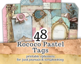Rokoko Pastell Tags zum Ausdrucken, 48 alte französische antike Ephemera Etiketten für Junk Journals, Shabby Chic Goldrahmen Wax Siegel Scrapbook Tags