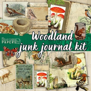 Éphémères numériques Woodland Junk Journal, cartes postales de forêt vintage, cerf, champignon, kit de collage, billets, étiquettes, étiquettes, enveloppe, pots