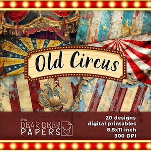 Altes Zirkus Digitales Papier, 20 Vintage Karneval Scrapbook Papiere, Junk Journal Hintergründe, Distressed Patterns