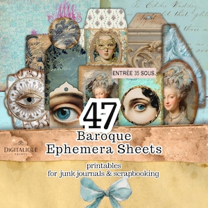 Baroque Junk Journal Ephemera Kit, Digital Rococo Tags Pockets Envelopes, Antoinette Masquerade Printable, Lover Eye French Royal Scrapbook