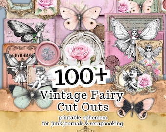 May include: A collage of vintage-style cutouts featuring butterflies, fairies, roses, and ornate frames. The text "100+ Vintage Fairy Cut Outs" is displayed, along with "printable ephemera for junk journals & scrapbooking."