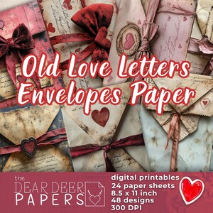 Sobres con cartas de amor antiguas, papel de diario basura digital, fondo de San Valentín vintage, imprimible, descargable, impresión, álbum de recortes