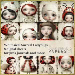 Coccinelle surreali e stravaganti, 8 fogli di diario digitale spazzatura, pagine di diario stampabili sulle fate, kit di collage vintage da scaricare all'istante