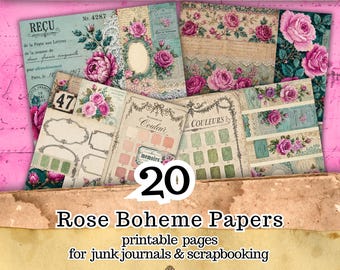 Papeles para diarios de estilo bohemio con rosas vintage, fondos de álbumes de recortes en tonos verde azulado y rosa (descarga digital)