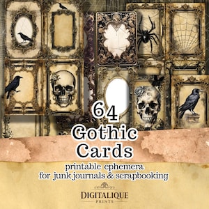 Gothic Halloween Collage Sheet, Skull Raven Ephemera Cards (Digital Download)