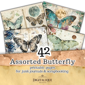42 Vintage Butterfly Pages, Celestial Moth Junk Journal Kit (Digital Download)
