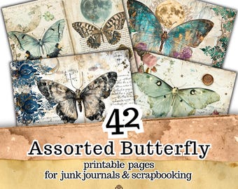 42 Vintage Butterfly Pages, Celestial Moth Junk Journal Kit (Digital Download)