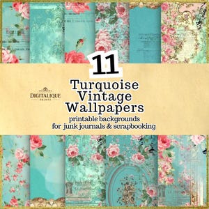 Junk Journal Printable Paper Turquoise Vintage Floral Backgrounds 11 Shabby Chic Scrapbook Papers with Roses | Digital Collage Pages