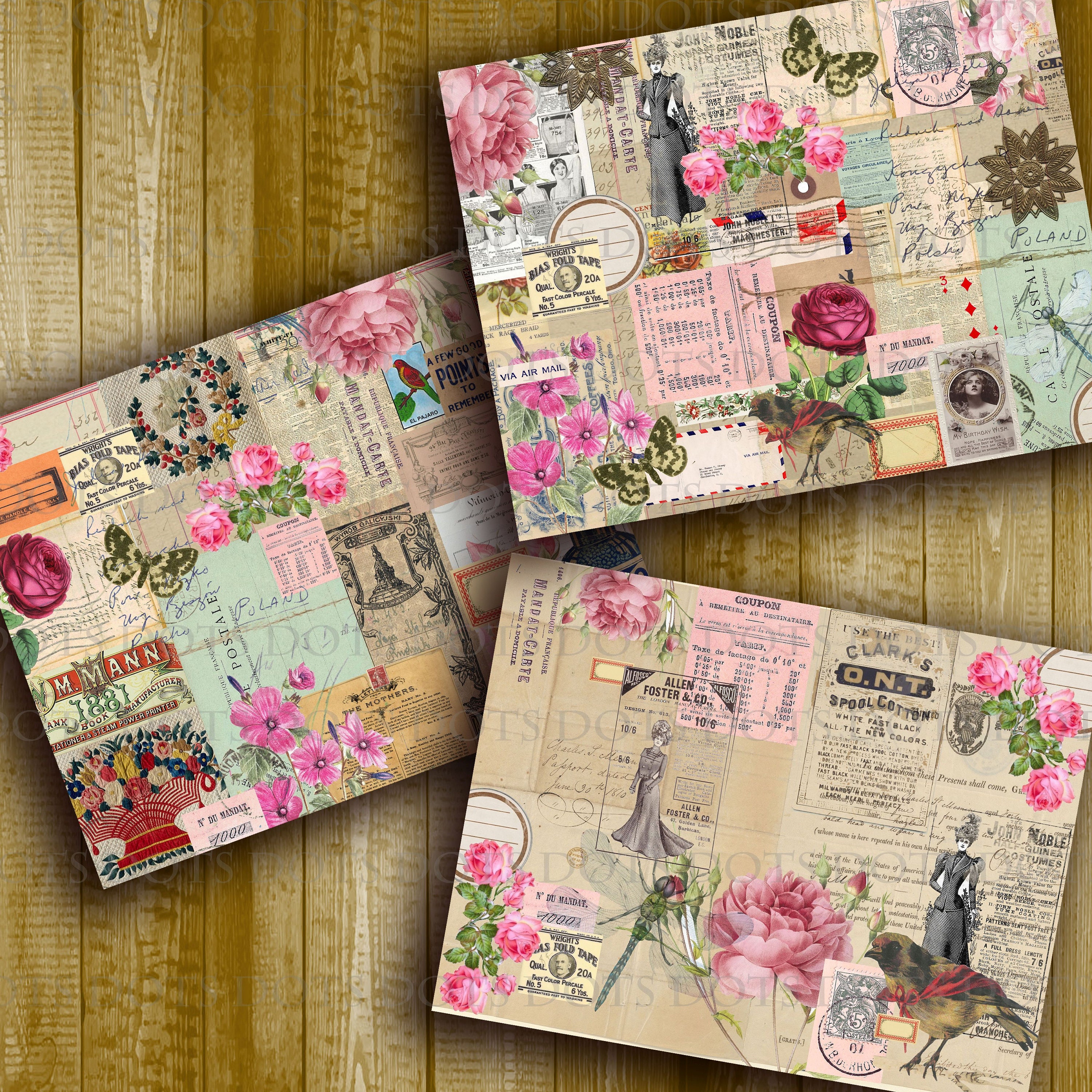 Vintage Faded Floral Junk Journal Backgrounds | 6 Shabby Chic Rose ...