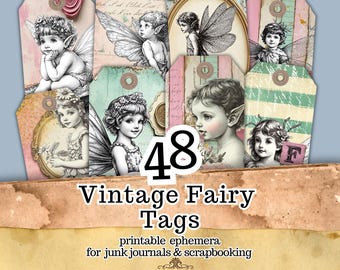 May include: A collection of 48 vintage fairy tags with illustrations of fairies, in various poses, with wings and floral accents. The tags have a distressed, aged appearance, with a variety of pastel colors and textures. Text on the tags reads "Vintage Fairy Tags".