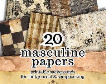 20 Masculine Grunge Digital Papers, Vintage Junk Journal Backgrounds (Digital Download)