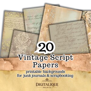 Vintage Junk Journal Paper Pack | 20 Antique Script & Gold Damask Printable Backgrounds | Sepia Neutral Aged Papers for Scrapbooking