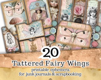 May include: A collection of vintage-style ephemera cards and tags with fairy and butterfly illustrations. The cards feature soft pastel colors, including pink, blue, and beige, with decorative elements. The text on the image reads "Tattered Fairy Wings" and "20 printable ephemera for junk journals & scrapbooking."