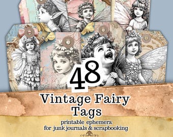 May include: A collection of 48 vintage fairy tags with illustrations of children with fairy wings. The tags have a distressed, aged appearance with a variety of pastel colors and decorative elements. Text on the tags reads "Vintage Fairy Tags" and "printable ephemera for junk journals & scrapbooking."