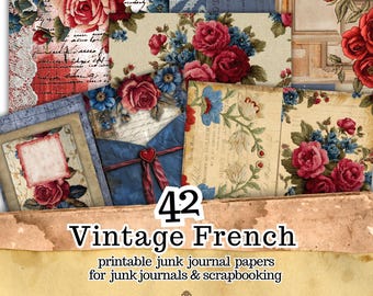 Op de afbeelding: Een verzameling van 42 vintage Franse printbare junk journal papieren. De papieren bevatten bloemmotieven met rode rozen en blauwe accenten, samen met verouderde papiertinten en scriptdetails. Een blauwe envelop met een rood hart.