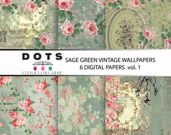 6 sage green wallpapers, digital junk journal Printable Pages, Digital boho flowers backgrounds, faded paper download, mixmedia, gypsy folk